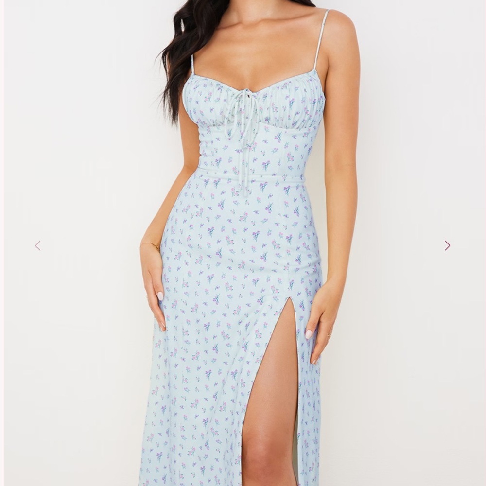 House of CB Carina: Floral Blue Maxi Dress with Slit